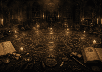 Magia ceremonial: una cámara ceremonial medieval con un gran círculo mágico en el suelo, inscrito con símbolos astrológicos y caracteres mágicos. Grimorios abiertos, velas encendidas, artefactos rituales de latón y oro y estantes con antiguos textos esotéricos rodean el círculo.