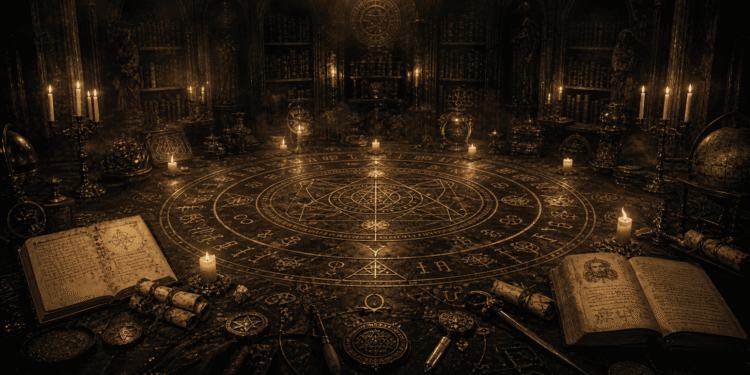 Magia ceremonial: una cámara ceremonial medieval con un gran círculo mágico en el suelo, inscrito con símbolos astrológicos y caracteres mágicos. Grimorios abiertos, velas encendidas, artefactos rituales de latón y oro y estantes con antiguos textos esotéricos rodean el círculo.