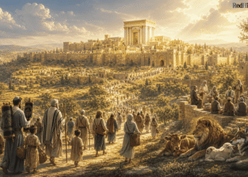Mesianismo judío: multitudes de judíos en Jerusalén esperando la llegada del Mesías, mirando hacia el Segundo Templo dorado al atardecer, ocupación romana, esperanza colectiva, siglo I d.C.