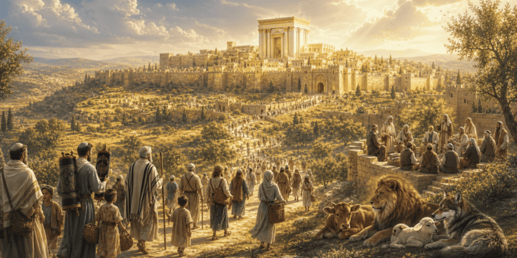 Mesianismo judío: multitudes de judíos en Jerusalén esperando la llegada del Mesías, mirando hacia el Segundo Templo dorado al atardecer, ocupación romana, esperanza colectiva, siglo I d.C.