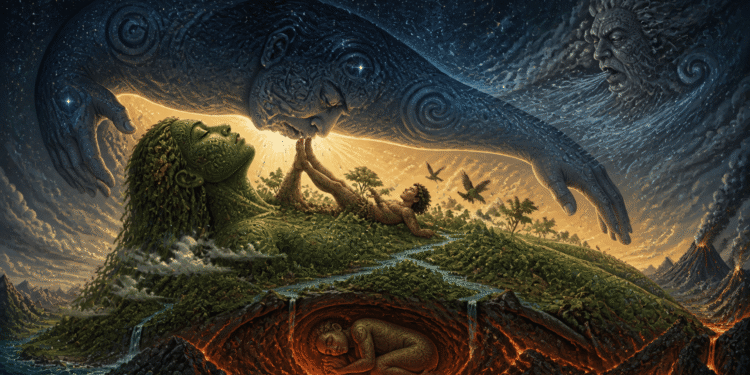 Ilustración del mito de la creación maorí con la separación de Ranginui (Padre Cielo) y Papatūānuku (Madre Tierra) por su hijo Tāne.