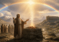 Noé patriarca ofreciendo un sacrificio en el altar de piedra tras el diluvio, con el arco iris de la alianza divina sobre su cabeza y el arca encallada en las montañas al fondo.