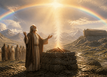 Noé patriarca ofreciendo un sacrificio en el altar de piedra tras el diluvio, con el arco iris de la alianza divina sobre su cabeza y el arca encallada en las montañas al fondo.