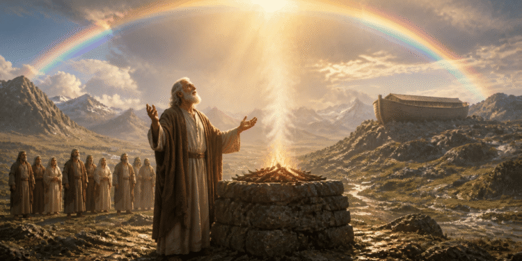 Noé patriarca ofreciendo un sacrificio en el altar de piedra tras el diluvio, con el arco iris de la alianza divina sobre su cabeza y el arca encallada en las montañas al fondo.