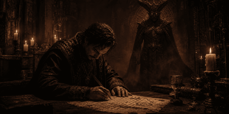 Hombre inclinado sobre un documento, firmando un pacto con el diablo. Una figura demoníaca con cuernos observa desde las sombras, rodeada de velas y símbolos mágicos.