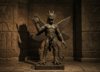 Pazuzu, el demonio asirio alado, mantiene una postura de poder en un templo babilónico antiguo. Su sombra en la pared cuneiforme sugiere su naturaleza sobrenatural ancestral.