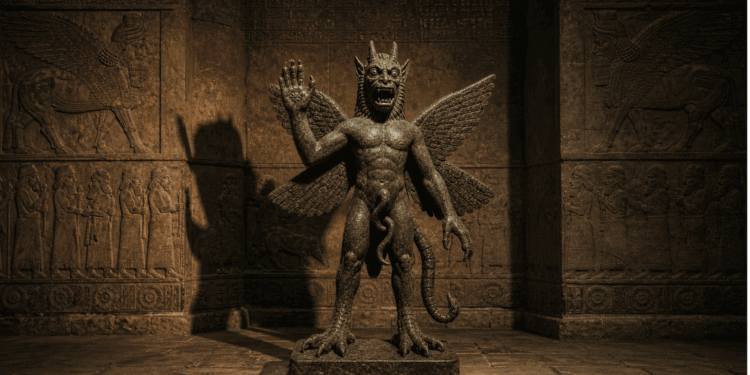 Pazuzu, el demonio asirio alado, mantiene una postura de poder en un templo babilónico antiguo. Su sombra en la pared cuneiforme sugiere su naturaleza sobrenatural ancestral.