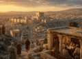 Jerusalén y el Segundo Templo durante el período intertestamentario, escribas y estudiosos debatiendo mientras la ciudad se expande al atardecer dorado, siglo II a.C.