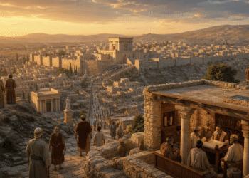 Jerusalén y el Segundo Templo durante el período intertestamentario, escribas y estudiosos debatiendo mientras la ciudad se expande al atardecer dorado, siglo II a.C.