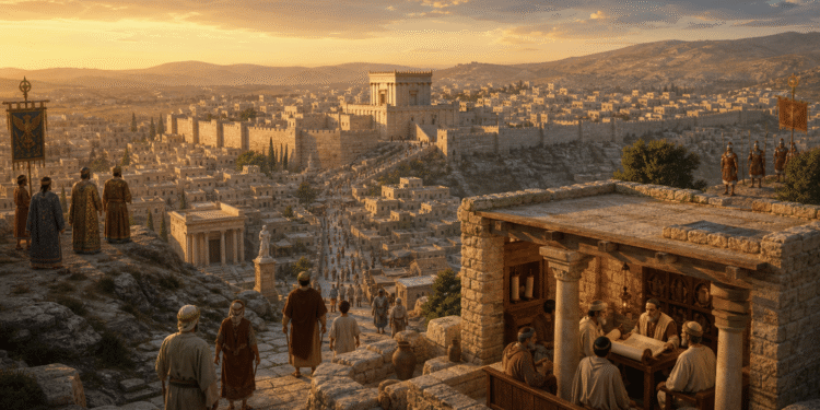 Jerusalén y el Segundo Templo durante el período intertestamentario, escribas y estudiosos debatiendo mientras la ciudad se expande al atardecer dorado, siglo II a.C.