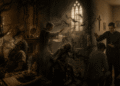 Posesión demoniaca, ritual de exorcismo en una iglesia medieval: sacerdotes realizan exorcismo sobre persona poseída mientras la comunidad observa. Humo sobrenatural y luz sagrada sugieren batalla espiritual.