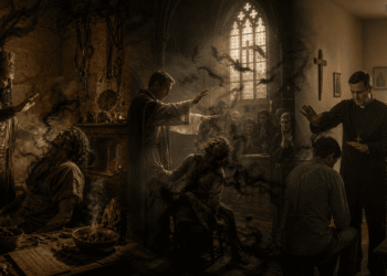 Posesión demoniaca, ritual de exorcismo en una iglesia medieval: sacerdotes realizan exorcismo sobre persona poseída mientras la comunidad observa. Humo sobrenatural y luz sagrada sugieren batalla espiritual.