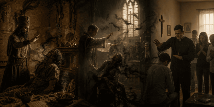 Posesión demoniaca, ritual de exorcismo en una iglesia medieval: sacerdotes realizan exorcismo sobre persona poseída mientras la comunidad observa. Humo sobrenatural y luz sagrada sugieren batalla espiritual.