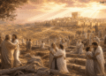 Judíos en cementerio de Jerusalén visitando tumbas, luz divina desde el cielo, esperanza en resurrección de los muertos en el judaísmo, período intertestamentario, Segundo Templo de fondo.