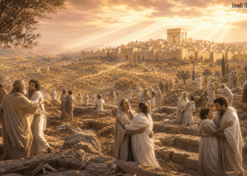 Judíos en cementerio de Jerusalén visitando tumbas, luz divina desde el cielo, esperanza en resurrección de los muertos en el judaísmo, período intertestamentario, Segundo Templo de fondo.