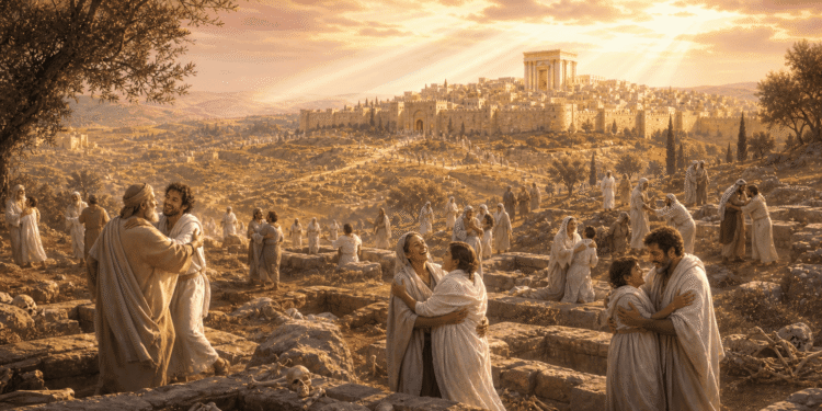 Judíos en cementerio de Jerusalén visitando tumbas, luz divina desde el cielo, esperanza en resurrección de los muertos en el judaísmo, período intertestamentario, Segundo Templo de fondo.