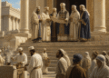 Saduceos sacerdotes en el Templo de Herodes: ritual de sacrificio, túnicas blancas, turbantes de oro, sumo sacerdote central, jerarquía sacerdotal hereditaria en Jerusalén.