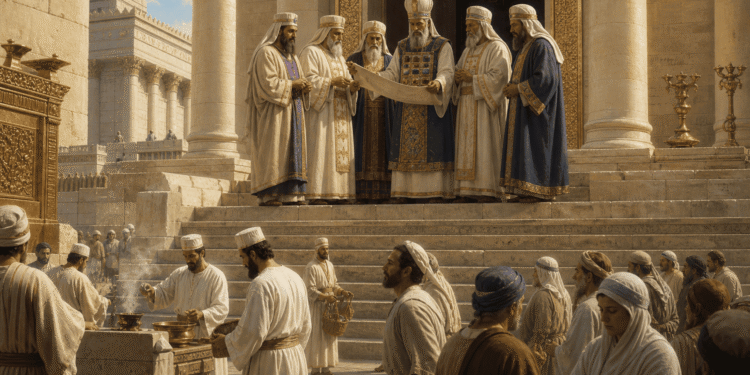 Saduceos sacerdotes en el Templo de Herodes: ritual de sacrificio, túnicas blancas, turbantes de oro, sumo sacerdote central, jerarquía sacerdotal hereditaria en Jerusalén.