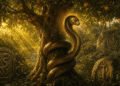 La serpiente del Edén enroscada en el árbol del conocimiento en el jardín del Edén, con un halo dorado luminoso alrededor de la cabeza y símbolos de serpientes grabados en las piedras del entorno