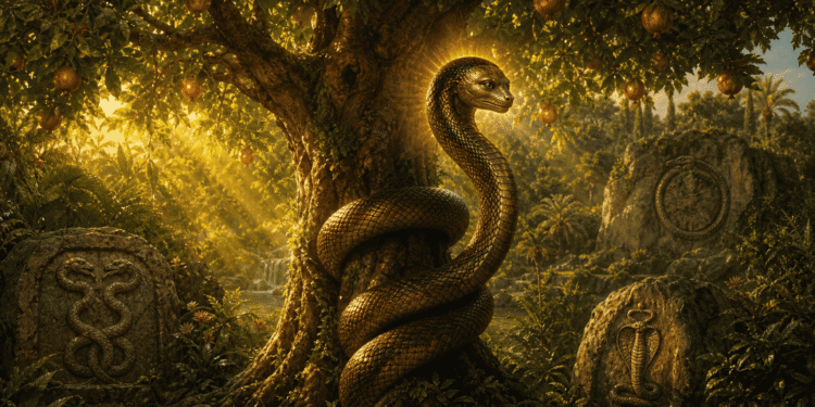 La serpiente del Edén enroscada en el árbol del conocimiento en el jardín del Edén, con un halo dorado luminoso alrededor de la cabeza y símbolos de serpientes grabados en las piedras del entorno