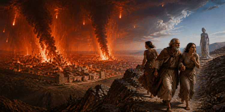 Sodoma y Gomorra: Lot y sus dos hijas huyendo de Sodoma mientras la ciudad arde bajo una lluvia de fuego, con la mujer de Lot convertida en estatua de sal al fondo a la derecha