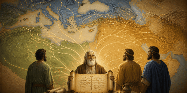 Noé sosteniendo el pergamino de la tabla de las naciones junto a sus tres hijos, con el mapa del mundo antiguo al fondo mostrando las rutas de dispersión de los pueblos desde el Oriente Próximo