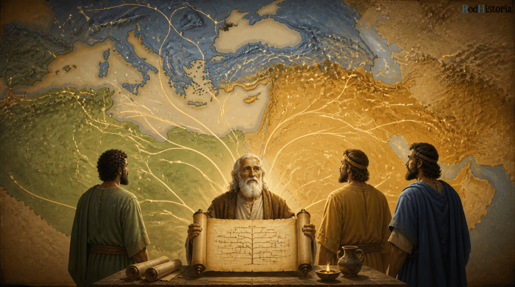 Noé sosteniendo el pergamino de la tabla de las naciones junto a sus tres hijos, con el mapa del mundo antiguo al fondo mostrando las rutas de dispersión de los pueblos desde el Oriente Próximo