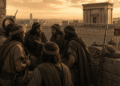 Zelotes revolucionarios debatiendo estrategia militar en Jerusalén durante el sitio, vistiendo armas y túnicas de guerreros, con el Templo de Herodes y murallas defensivas de fondo, mostrando la resistencia judía contra Roma en el Segundo Templo.
