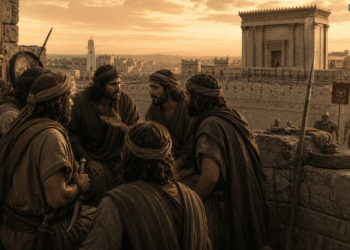 Zelotes revolucionarios debatiendo estrategia militar en Jerusalén durante el sitio, vistiendo armas y túnicas de guerreros, con el Templo de Herodes y murallas defensivas de fondo, mostrando la resistencia judía contra Roma en el Segundo Templo.