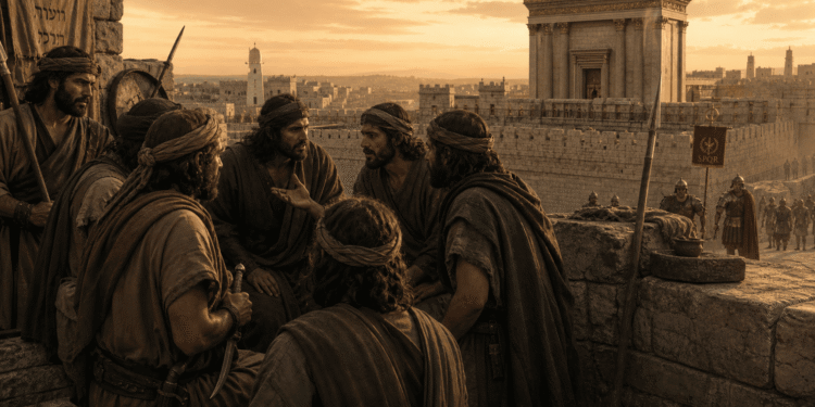 Zelotes revolucionarios debatiendo estrategia militar en Jerusalén durante el sitio, vistiendo armas y túnicas de guerreros, con el Templo de Herodes y murallas defensivas de fondo, mostrando la resistencia judía contra Roma en el Segundo Templo.