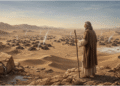 Moisés en el desierto contempla el campamento hebreo desde una altura, con el agua brotando de la roca en primer plano