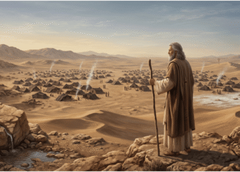 Moisés en el desierto contempla el campamento hebreo desde una altura, con el agua brotando de la roca en primer plano