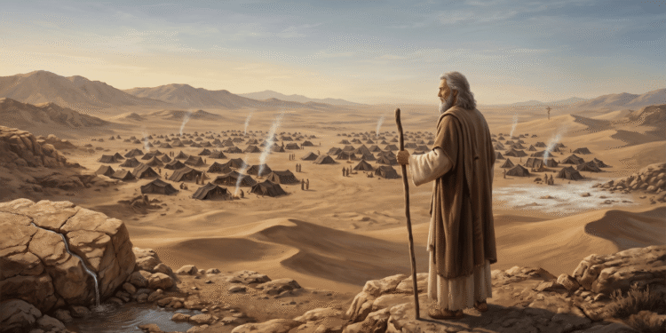 Moisés en el desierto contempla el campamento hebreo desde una altura, con el agua brotando de la roca en primer plano