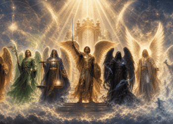 Los 7 arcángeles reunidos ante el trono celestial, con Miguel al centro portando espada y escudo, rodeado de seis figuras angélicas con atributos distintos que representan sus funciones individuales