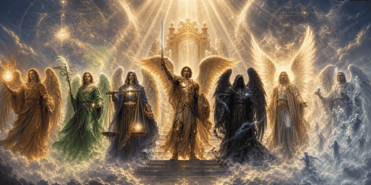 Los 7 arcángeles reunidos ante el trono celestial, con Miguel al centro portando espada y escudo, rodeado de seis figuras angélicas con atributos distintos que representan sus funciones individuales
