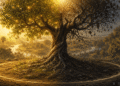 El árbol del conocimiento del bien y del mal con dos naturalezas en un mismo tronco: mitad frondosa y luminosa con frutos dorados, mitad seca y oscura con ramas desnudas, en el jardín del Edén