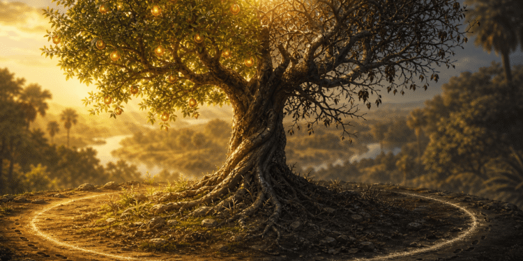 El árbol del conocimiento del bien y del mal con dos naturalezas en un mismo tronco: mitad frondosa y luminosa con frutos dorados, mitad seca y oscura con ramas desnudas, en el jardín del Edén