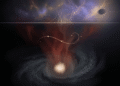 Representación abstracta del Nasadiya Sukta: la línea divisoria entre el ser y el no-ser, el Tamas primordial en la oscuridad inferior y el universo emergente en la mitad superior