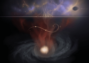 Representación abstracta del Nasadiya Sukta: la línea divisoria entre el ser y el no-ser, el Tamas primordial en la oscuridad inferior y el universo emergente en la mitad superior