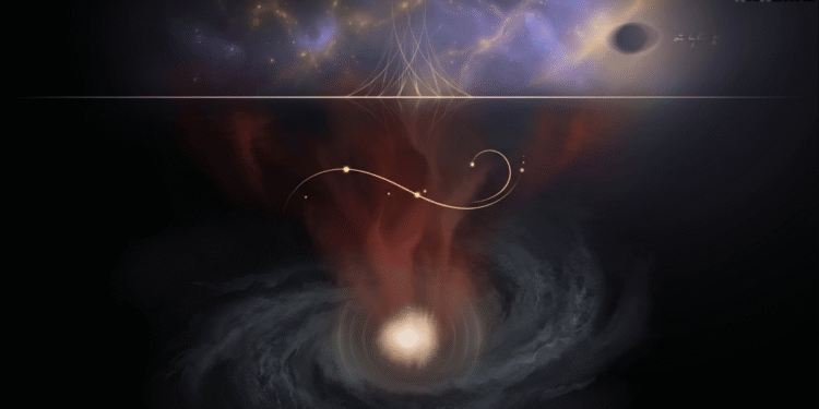 Representación abstracta del Nasadiya Sukta: la línea divisoria entre el ser y el no-ser, el Tamas primordial en la oscuridad inferior y el universo emergente en la mitad superior