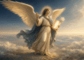 Arcángel Gabriel portando un pergamino luminoso y un lirio blanco, con los símbolos del cristianismo, el judaísmo y el islam a sus pies, representación de su función como mensajero de las tres tradiciones abrahámicas