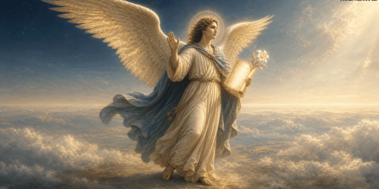 Arcángel Gabriel portando un pergamino luminoso y un lirio blanco, con los símbolos del cristianismo, el judaísmo y el islam a sus pies, representación de su función como mensajero de las tres tradiciones abrahámicas