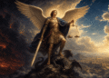 Miguel Arcángel con espada, balanza y dragón aplastado bajo sus pies, representación iconográfica de su función como guerrero celestial y juez de almas