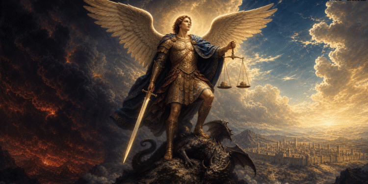Miguel Arcángel con espada, balanza y dragón aplastado bajo sus pies, representación iconográfica de su función como guerrero celestial y juez de almas