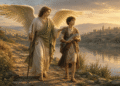 Arcángel Rafael caminando junto al joven Tobías a orillas del río Tigris, con báculo de viajero y el pez que servirá para el exorcismo y la curación, escena del Libro de Tobías
