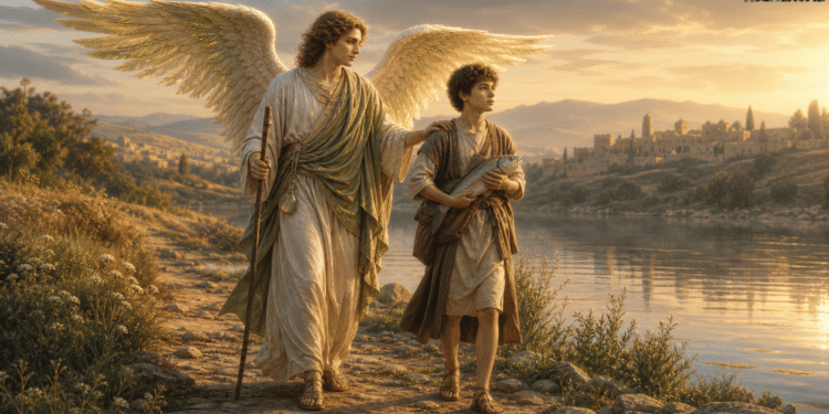 Arcángel Rafael caminando junto al joven Tobías a orillas del río Tigris, con báculo de viajero y el pez que servirá para el exorcismo y la curación, escena del Libro de Tobías