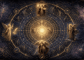 Los cuatro arcángeles Miguel, Gabriel, Rafael y Uriel representados en un mandala celestial con inscripciones hebreas y símbolos de las tradiciones abrahámicas