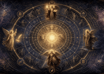 Los cuatro arcángeles Miguel, Gabriel, Rafael y Uriel representados en un mandala celestial con inscripciones hebreas y símbolos de las tradiciones abrahámicas