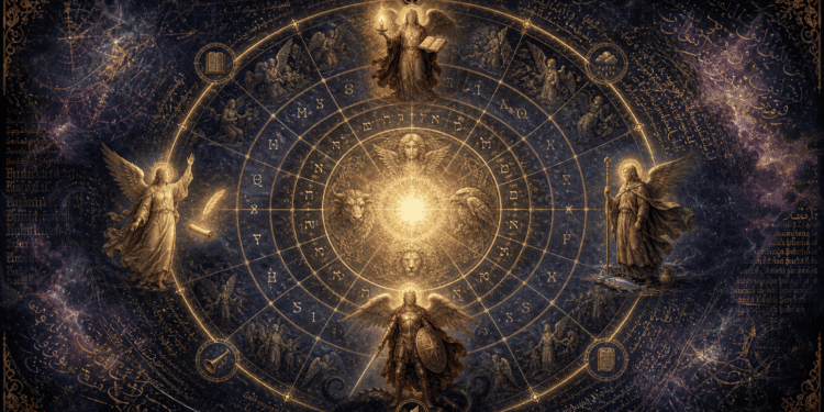 Los cuatro arcángeles Miguel, Gabriel, Rafael y Uriel representados en un mandala celestial con inscripciones hebreas y símbolos de las tradiciones abrahámicas