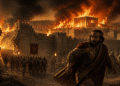 La destrucción de Jerusalén: el rey Sedecías huye aterrorizado mientras el ejército babilónico penetra por las murallas de Jerusalén y el Templo arde al fondo